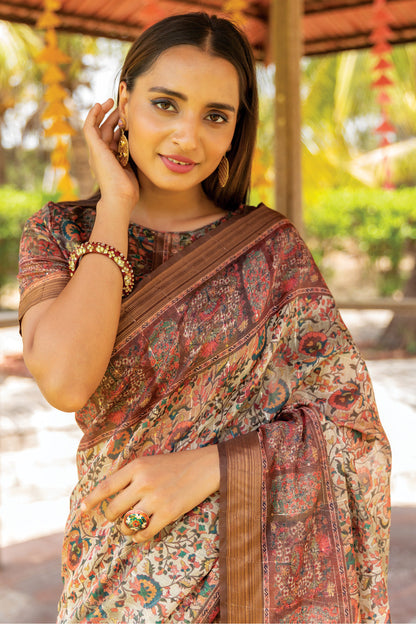 Demanding Brown Color Pure Cotton Lilen With Digital Printed Designer Saree