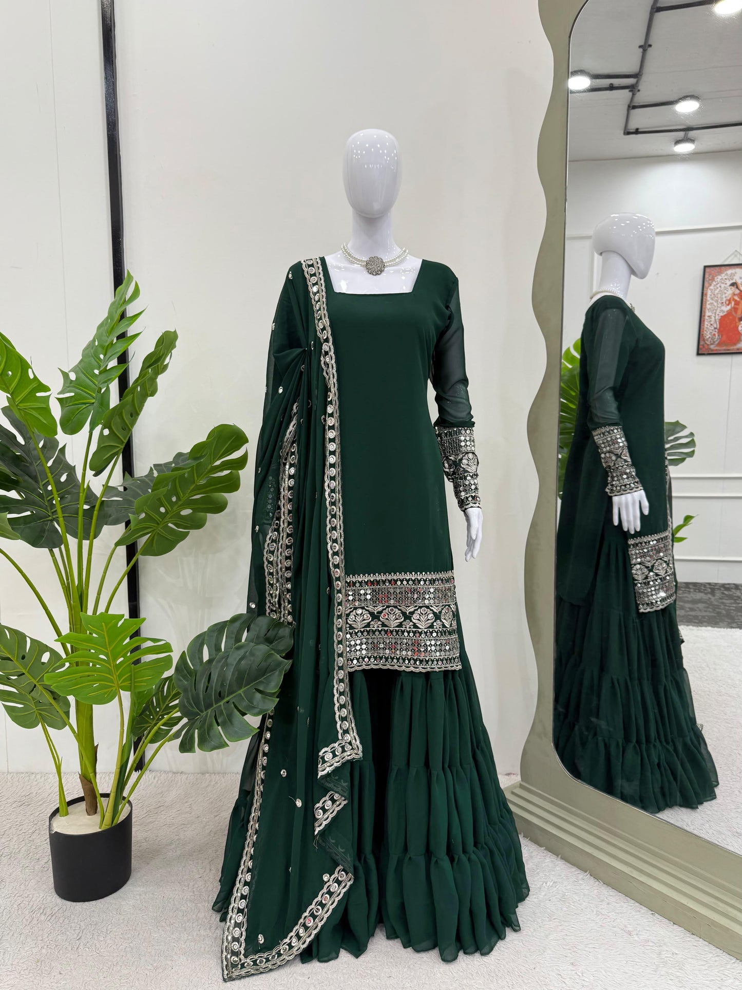 Wonderful Gorgette Sequnce Work Green Color Sharara Suit
