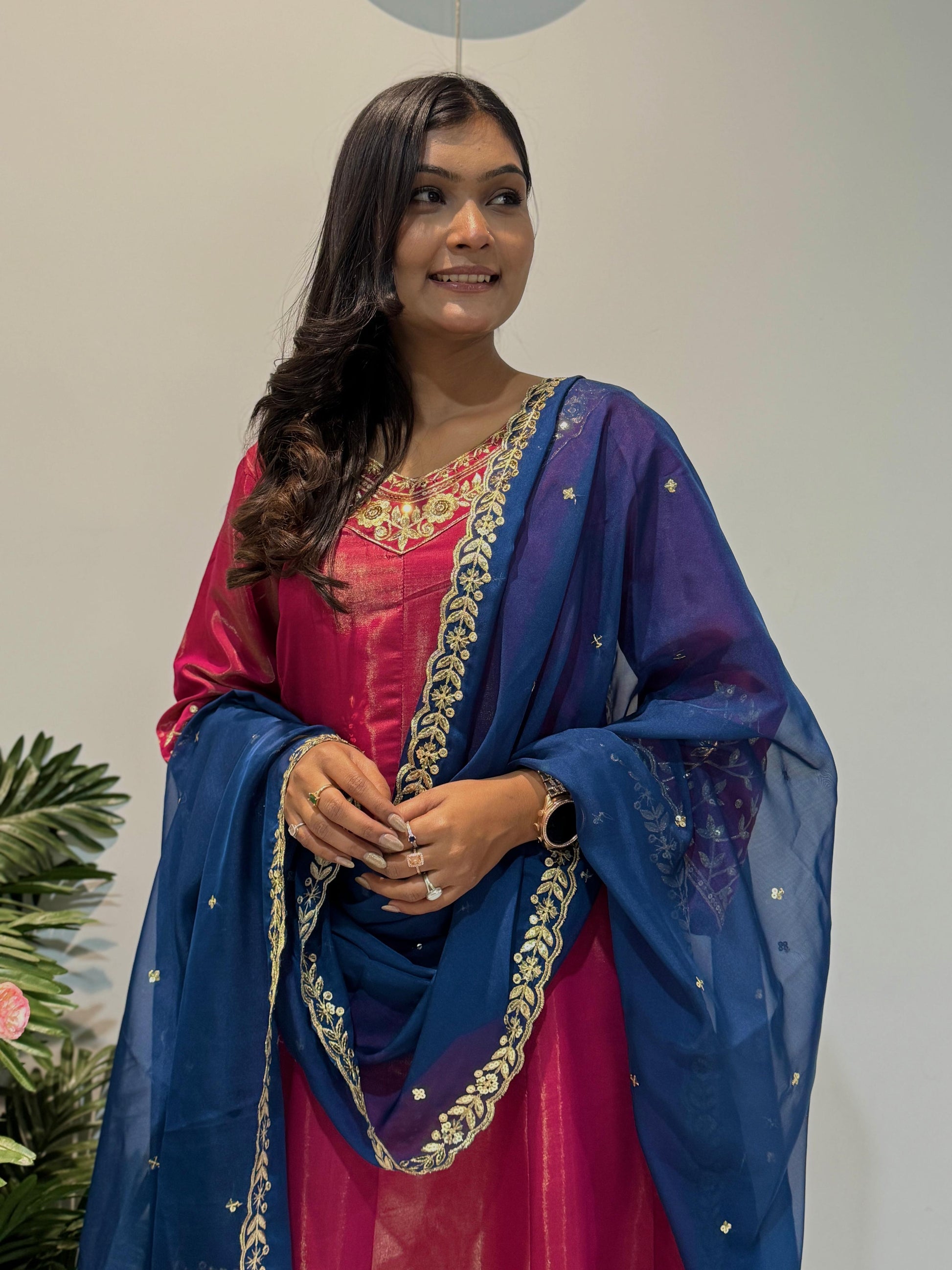 Designer Chimar Silk Pink Color Anarkali Suit