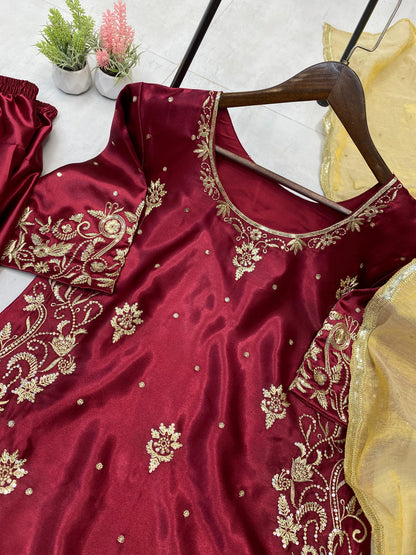 Glorious Maroon Satin Sequence Work Sharara Suit
