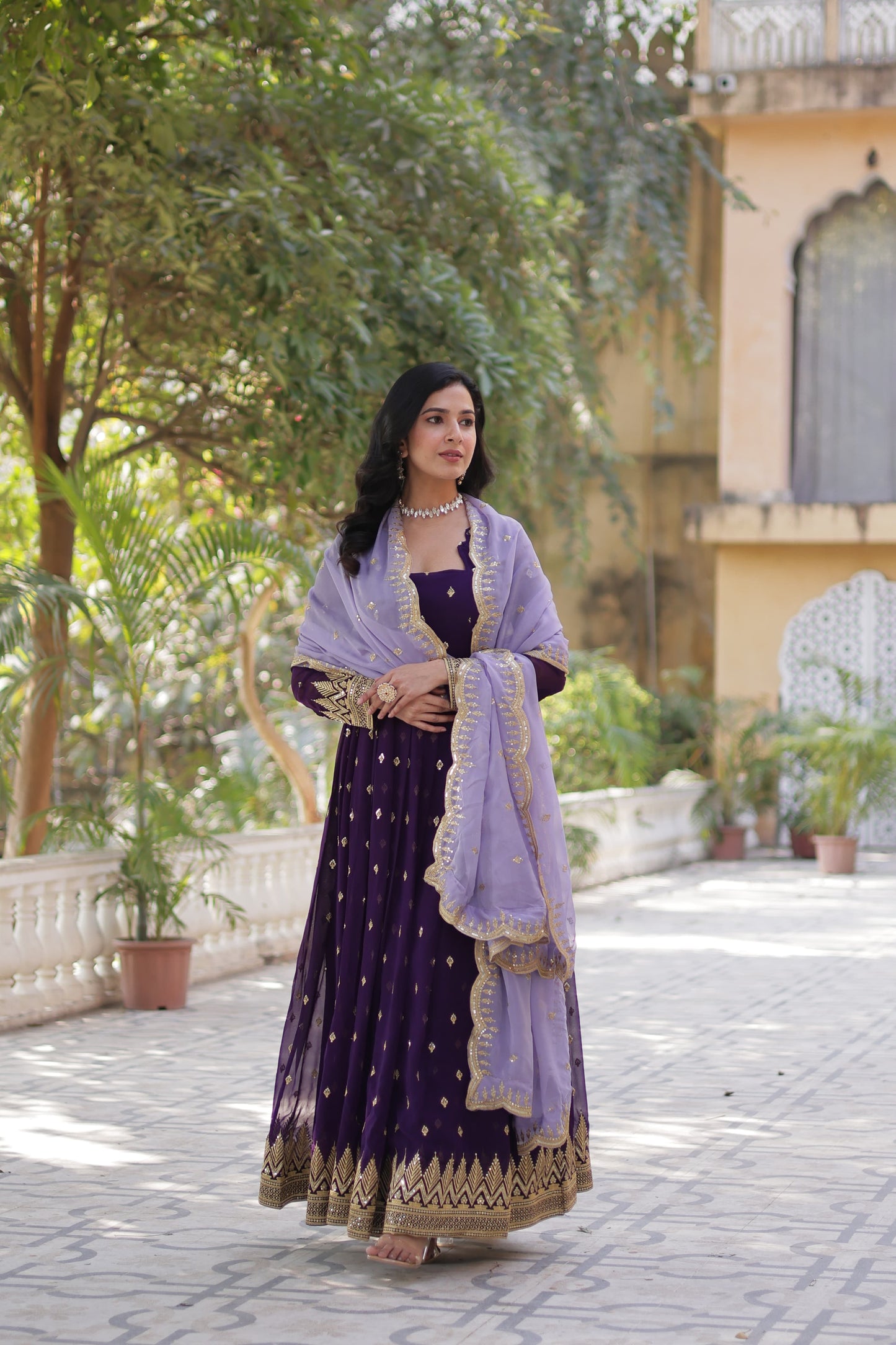 Classy Embroidery Sequence Work Purple Color Gown