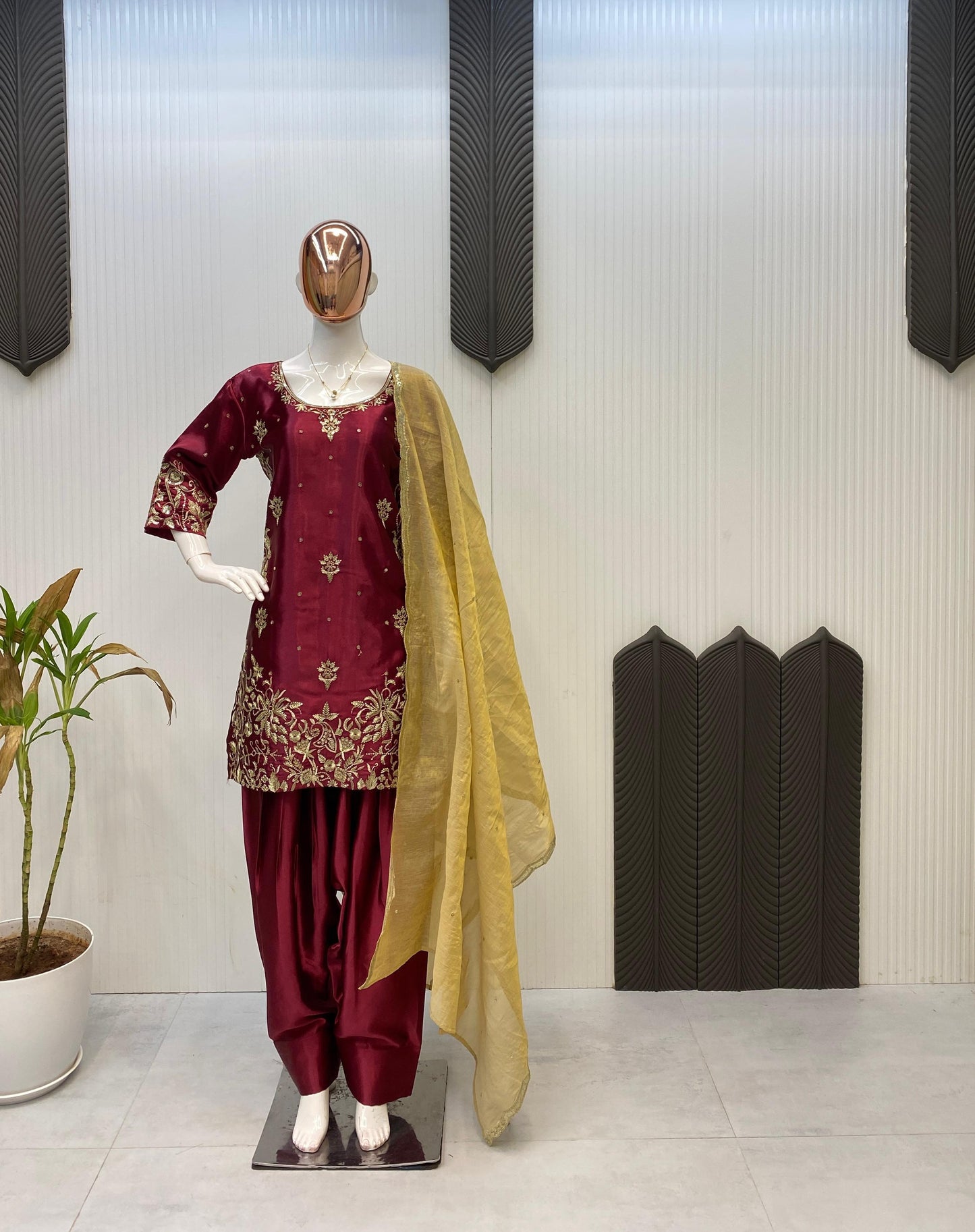 Glorious Maroon Satin Sequence Work Sharara Suit