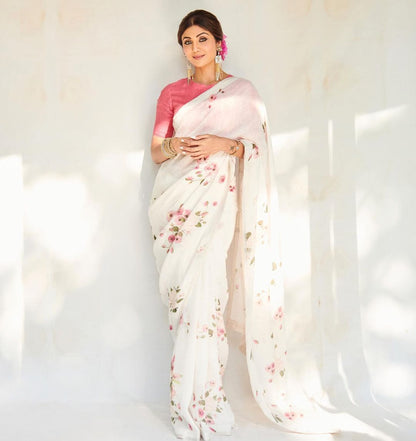 Outstanding White Color Pure Cotton Lilen With Digital Printed Designer Saree