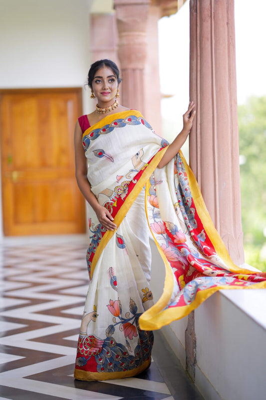 Imposing White Color Color Pure Cotton Lilen With Digital Printed Designer Saree