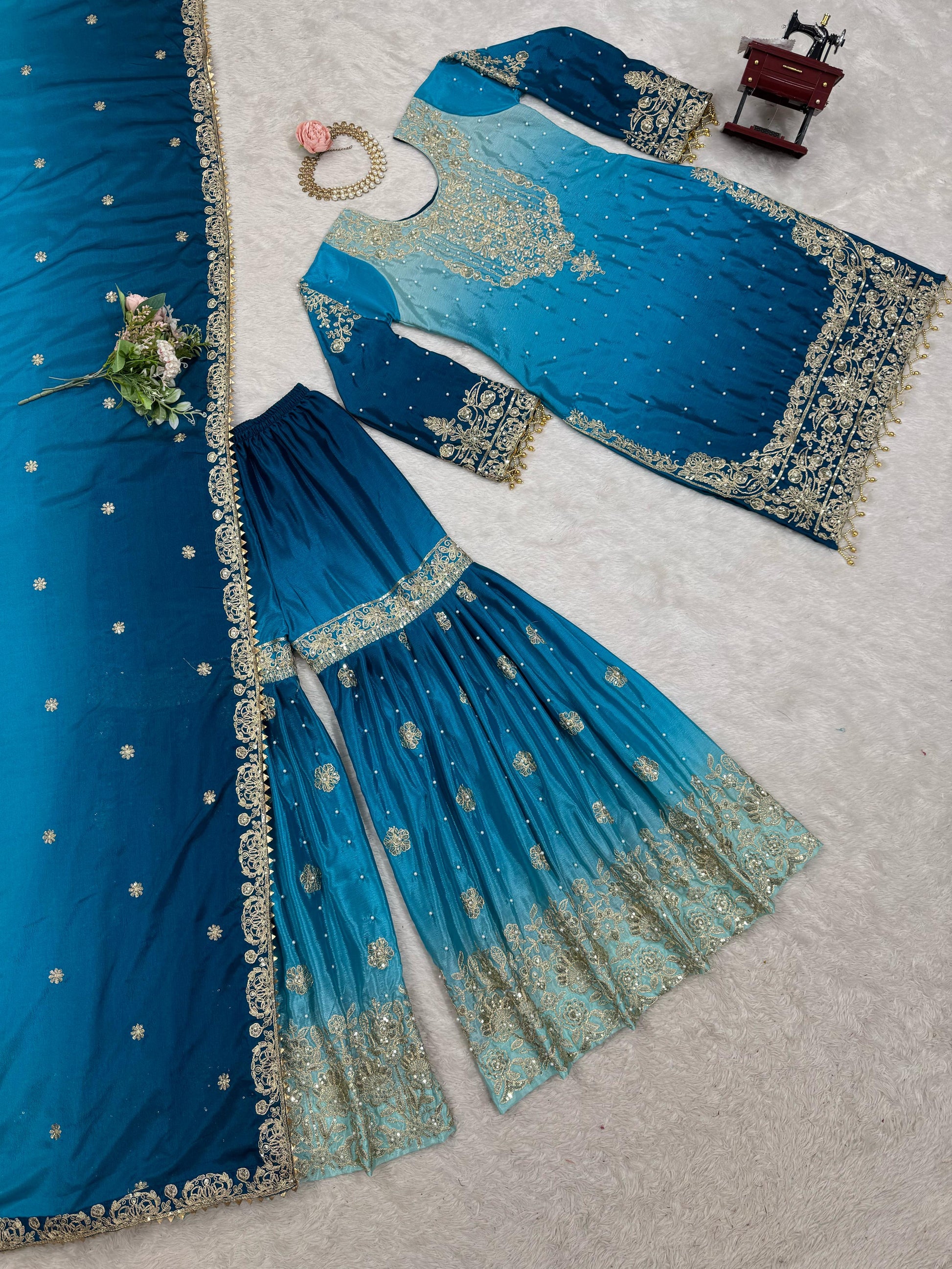 Good Looking Chinon Silk Rivet Moti Teal Blue Color Sharara Suit