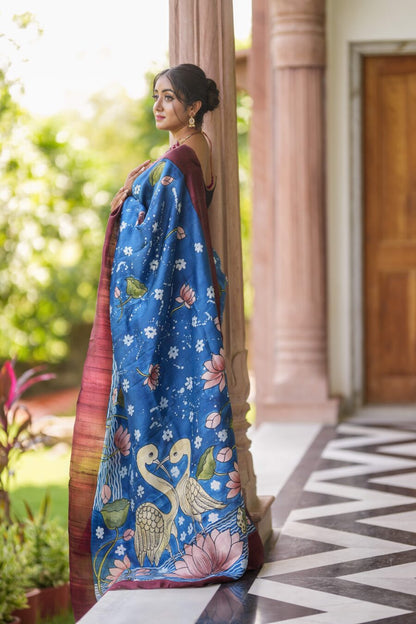 Peaceful Blue Color Color Pure Cotton Lilen With Digital Printed Designer Saree