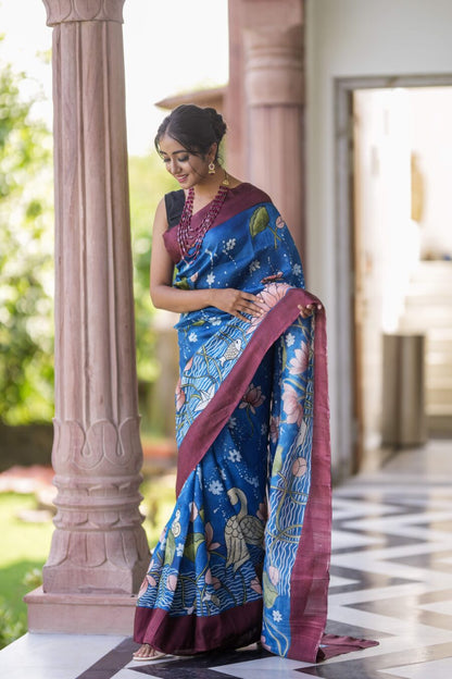 Peaceful Blue Color Color Pure Cotton Lilen With Digital Printed Designer Saree