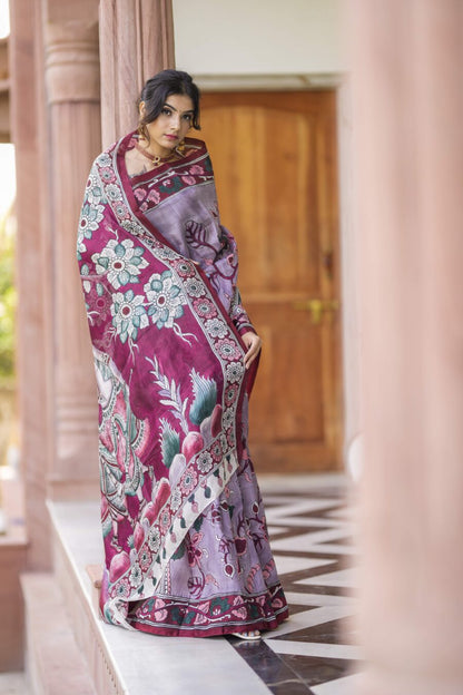 Blissful Lavender Color Color Pure Cotton Lilen With Digital Printed Designer Saree