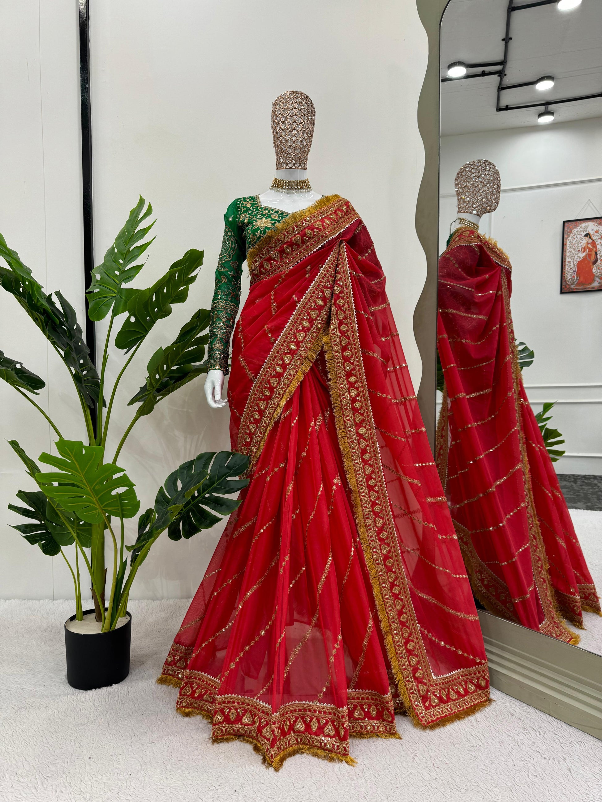 Jhanvi Kapoor Bollywood Organza Silk Red Color Sequnce Work Saree