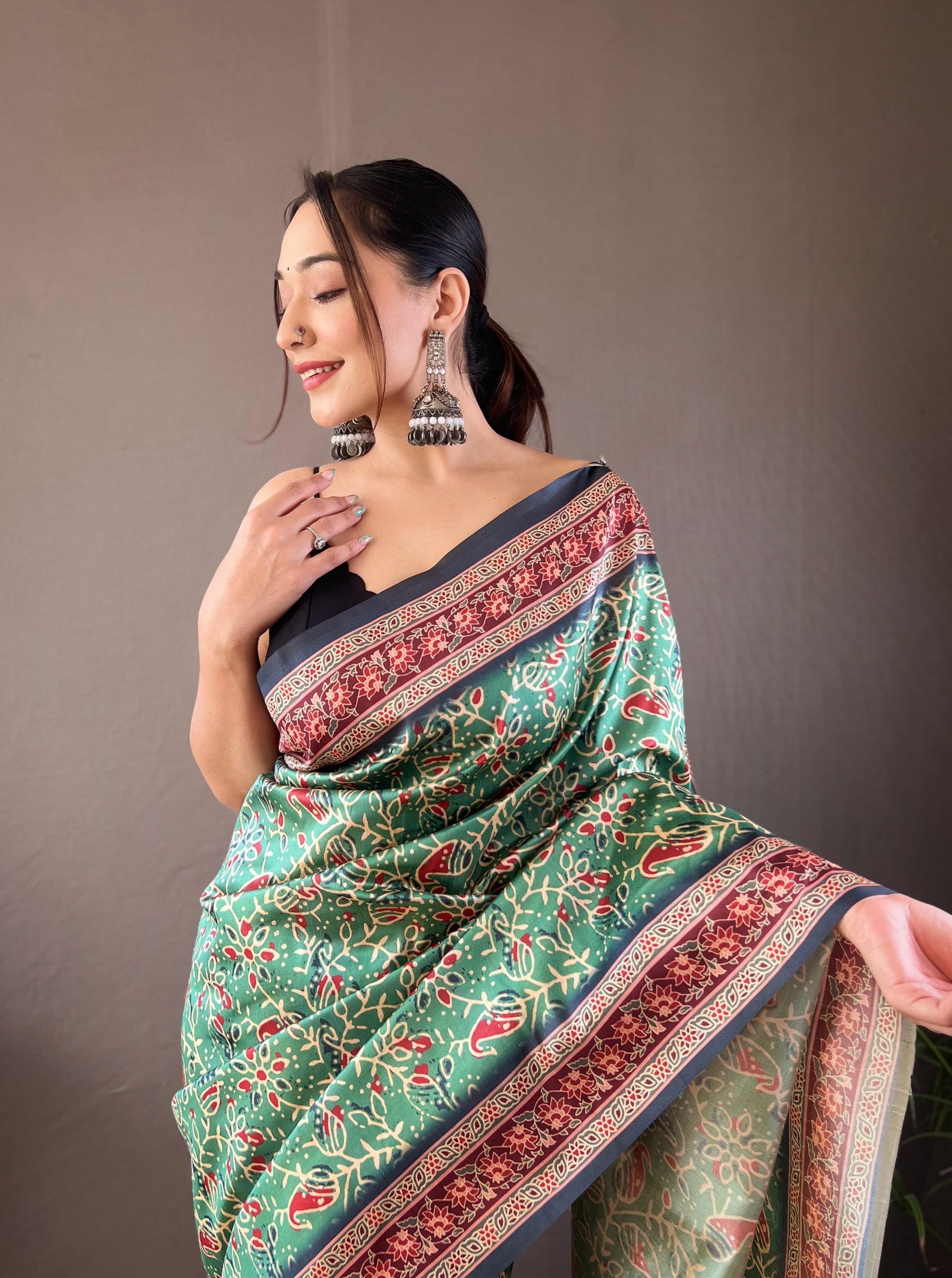 Opulent Green Color Digital Print Saree
