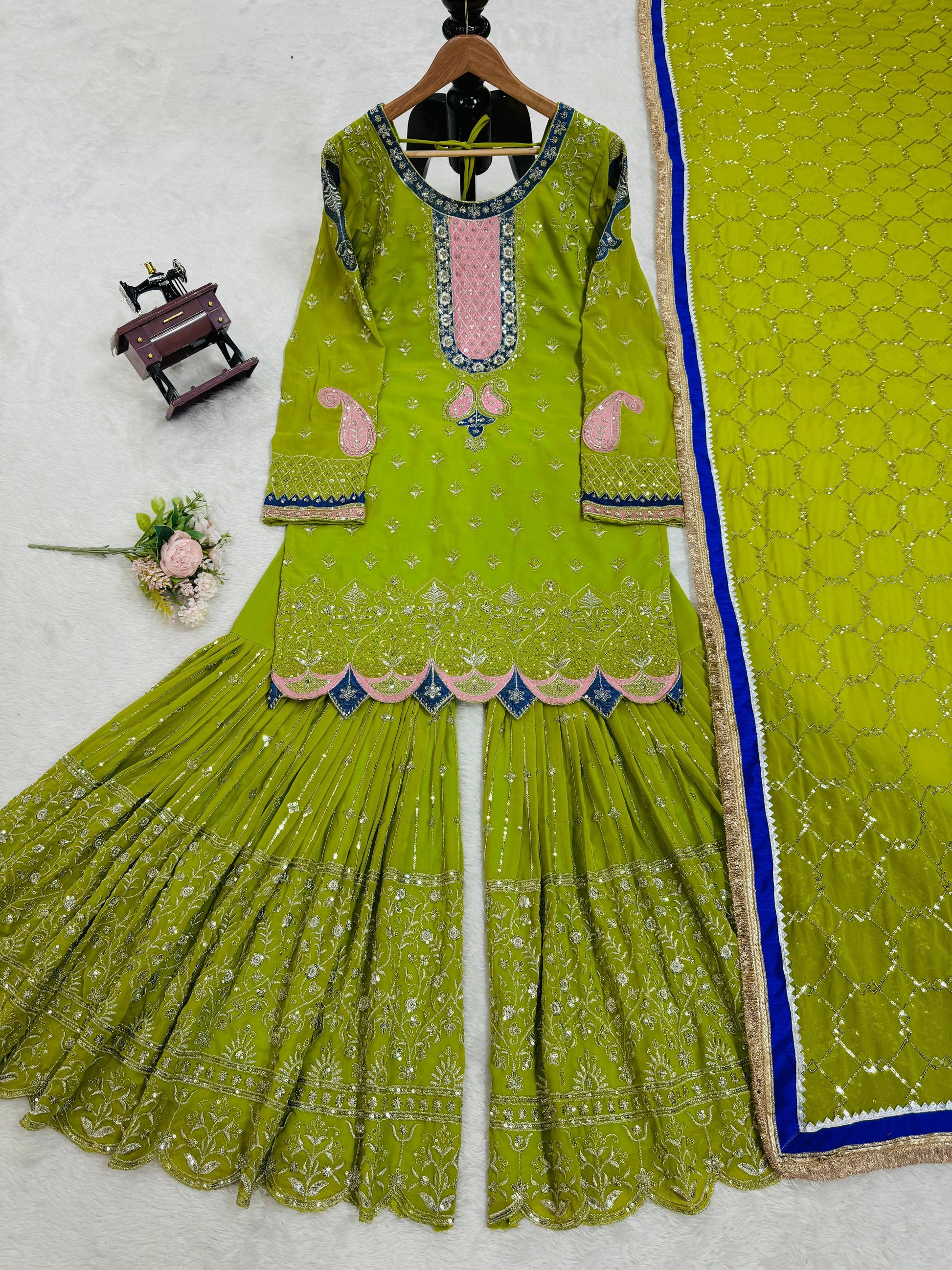 Thread with Sequence Work Green Color Sharara suit