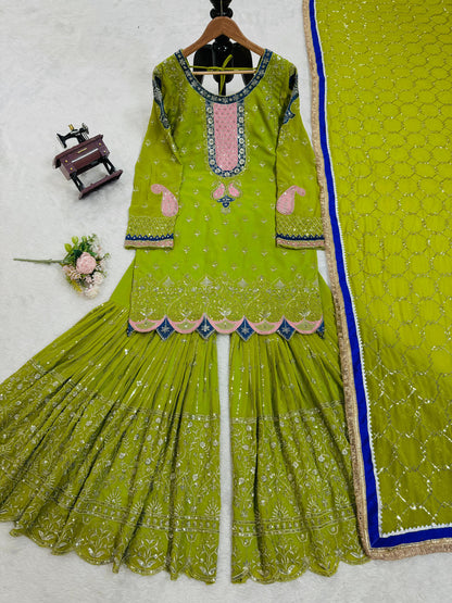 Thread with Sequence Work Green Color Sharara suit