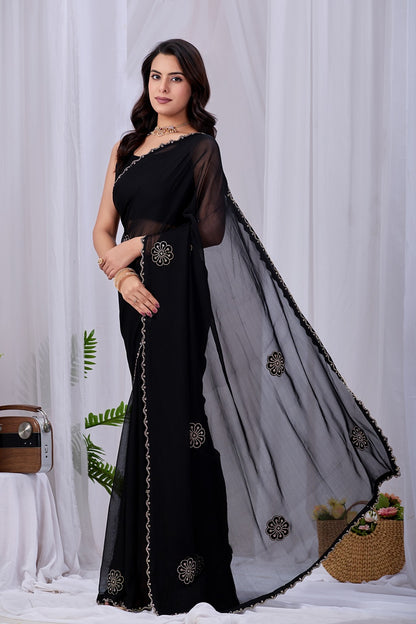 Black Georgette Saree with Blouse Piece – Floral Embroidered Border Party Wear Saree for Women