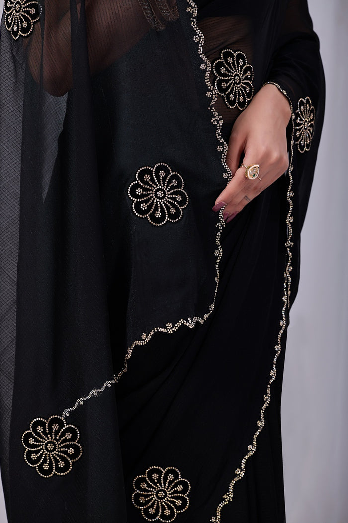 Floral embroidered border black saree