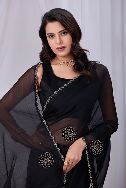 Black Georgette Saree with Blouse Piece – Floral Embroidered Border Party Wear Saree for Women