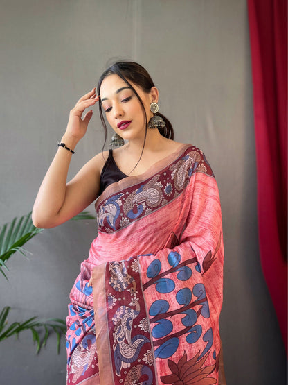 Wonderful Pink Color Color Pure Cotton Lilen With Digital Printed Designer Saree