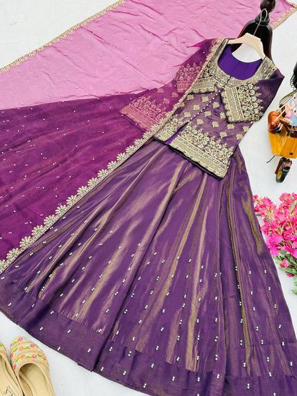 Simmer Silk Wedding Wear Wine Color Top With Lehenga