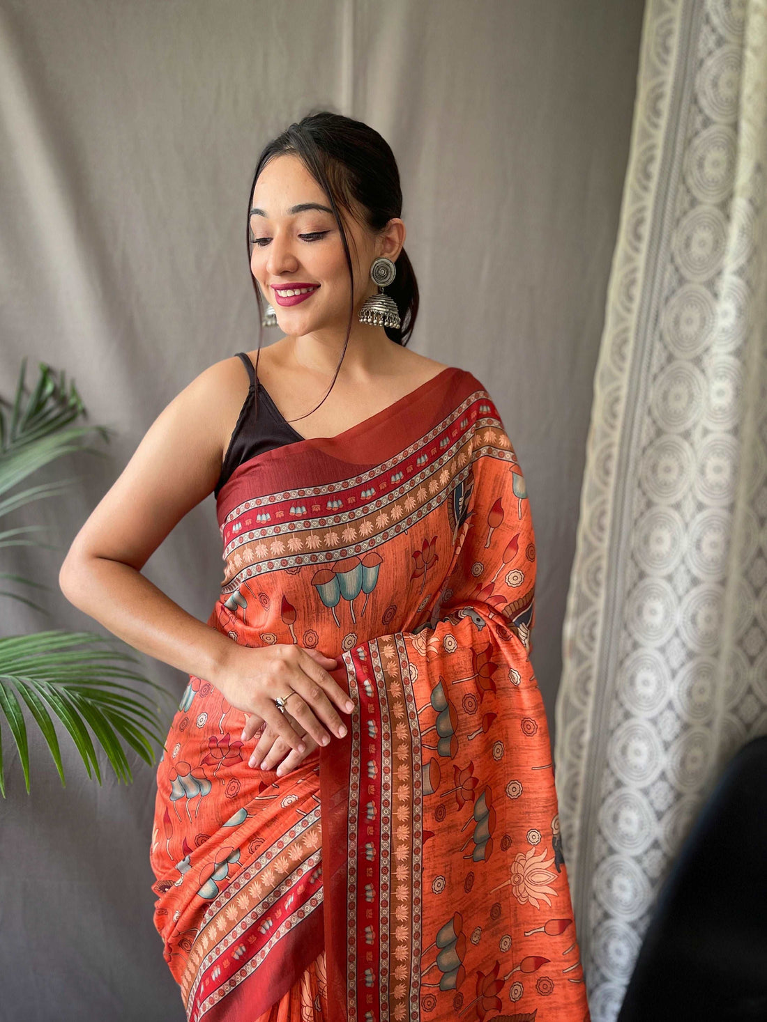 Superhit Orange Color Color Pure Cotton Lilen With Digital Printed Designer Saree