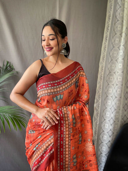 Superhit Orange Color Color Pure Cotton Lilen With Digital Printed Designer Saree