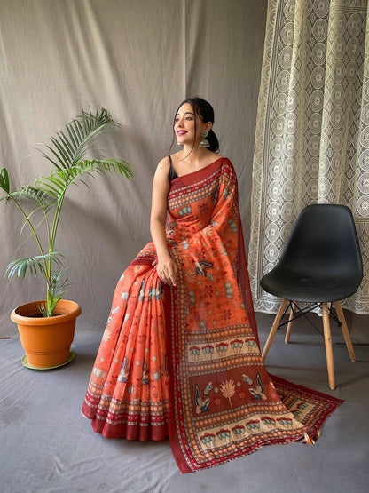 Superhit Orange Color Color Pure Cotton Lilen With Digital Printed Designer Saree