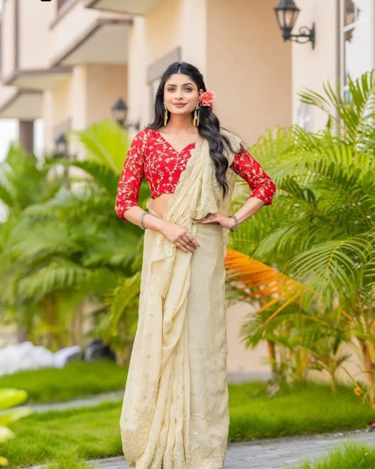 Good Looking Banglori Silk Cream Color Designer Saree