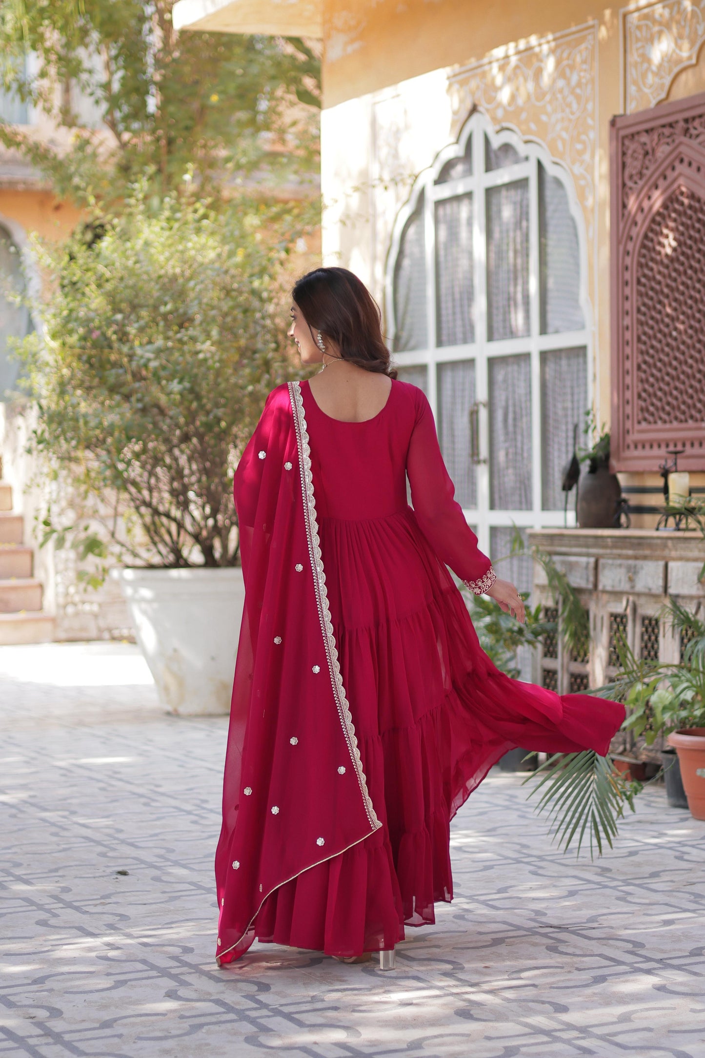 Awesome Embroidery Pearl Work Maroon Color Gown