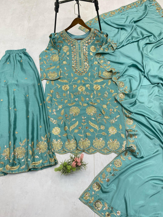 Rama Color Embroidered Chinon Palazzo Suit
