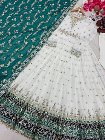 Glorious Georgette White Color Gown With Teal Blue dupatta