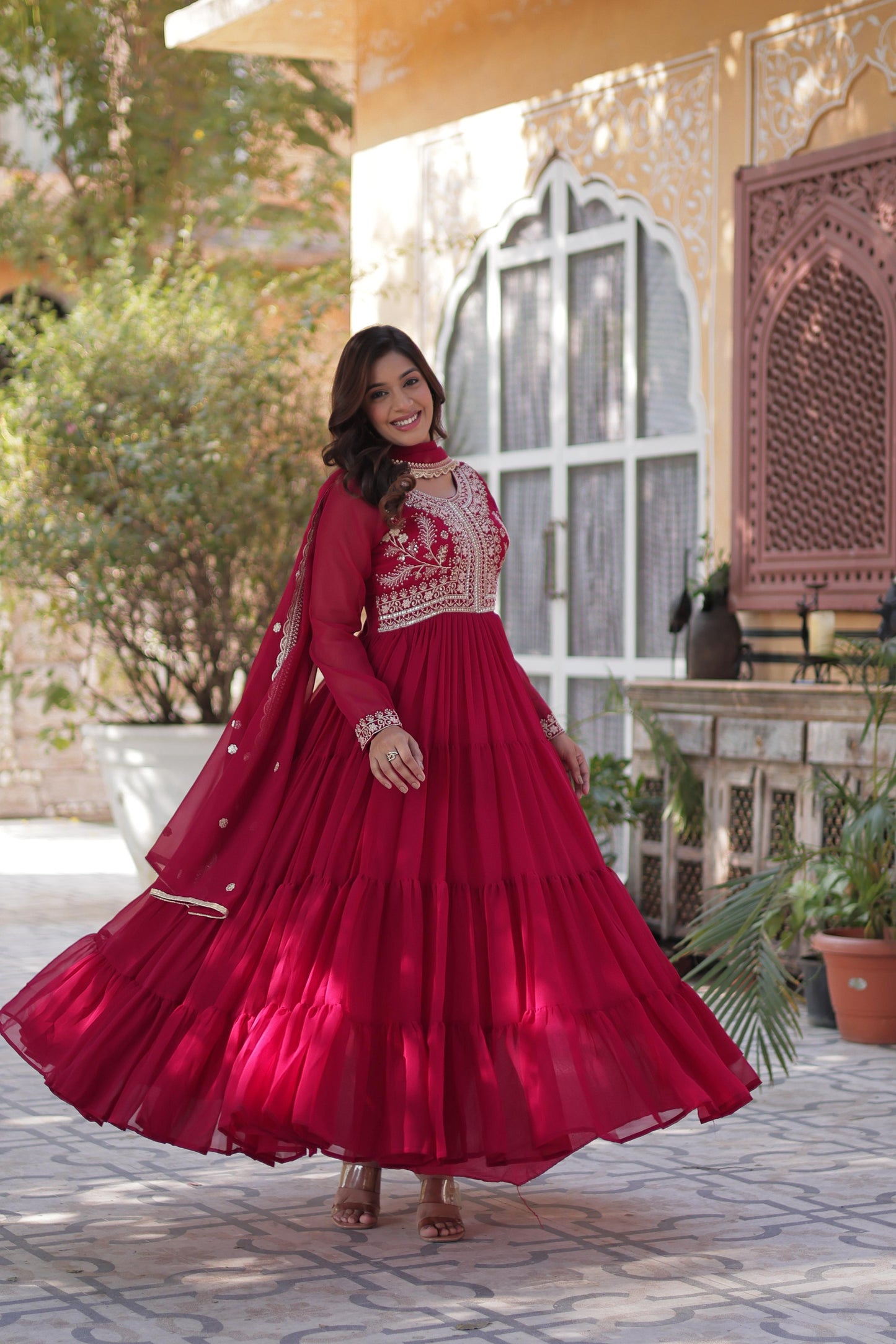 Awesome Embroidery Pearl Work Maroon Color Gown
