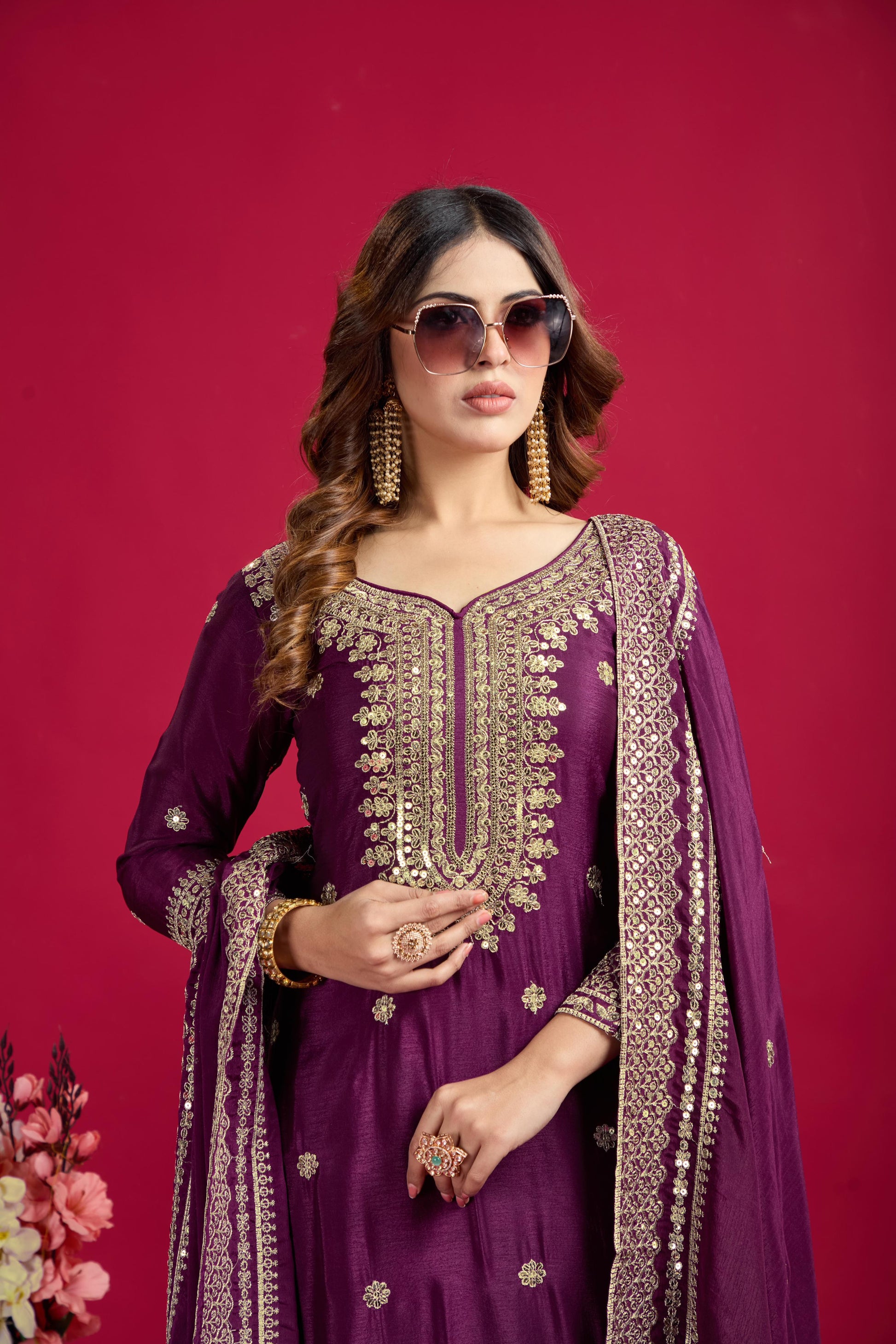 Elegant Embroidery Sequence Work Wine Color Sharara Suit
