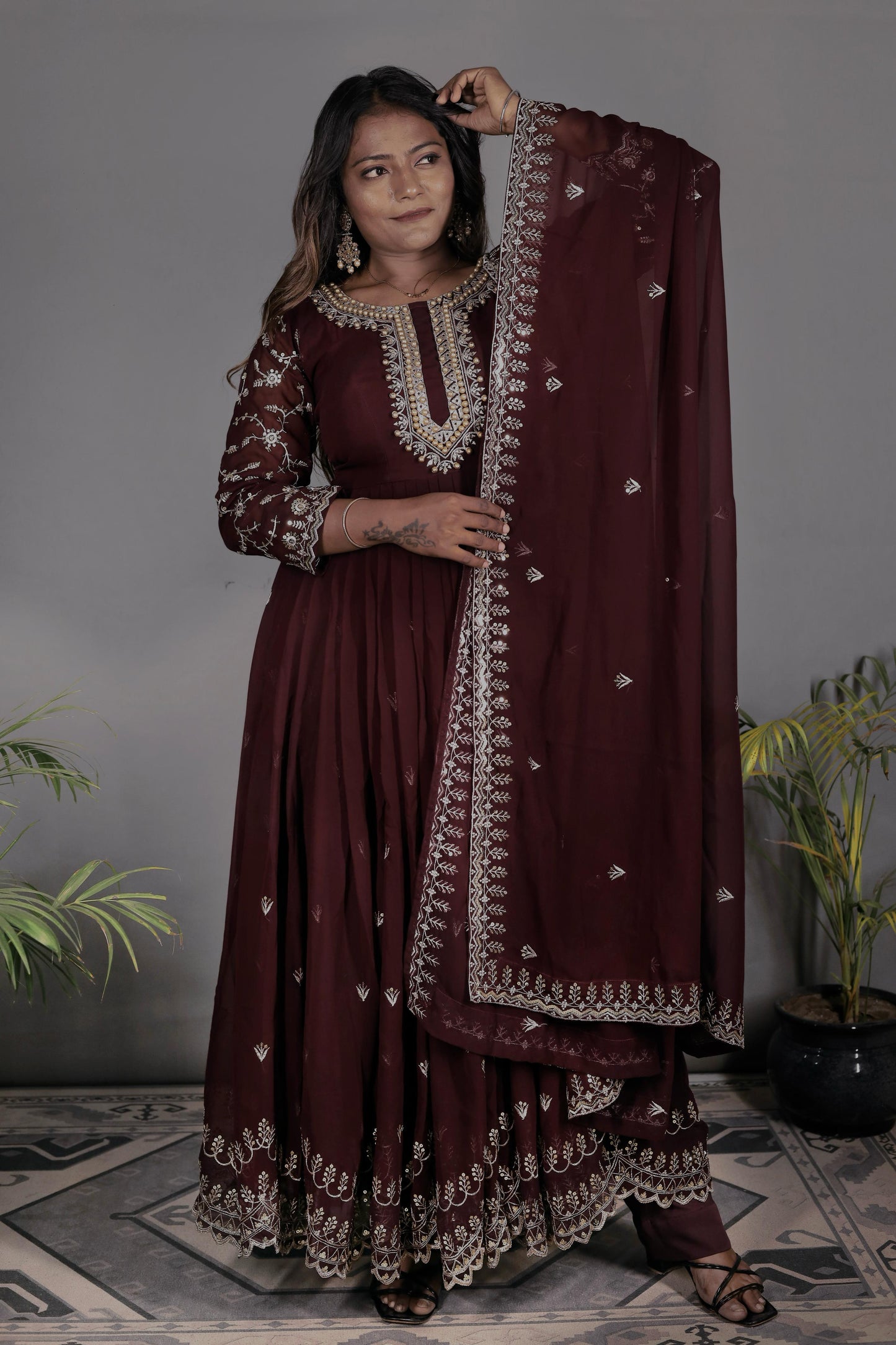 Peaceful Georgette Moti Work Wine Color Gown