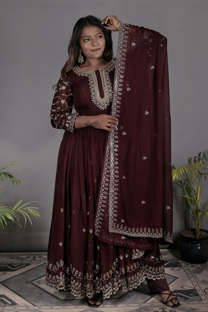 Peaceful Georgette Moti Work Wine Color Gown