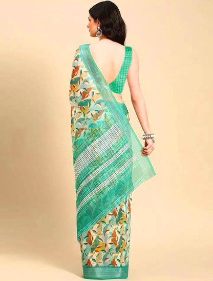 Trendy Green Color Color Pure Cotton Lilen With Digital Printed Designer Saree