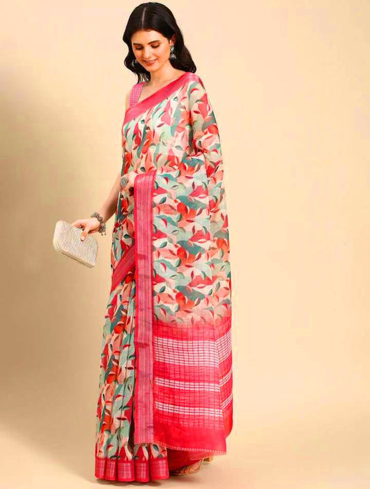 Mesmerizing Pink Color Color Pure Cotton Lilen With Digital Printed Designer Saree