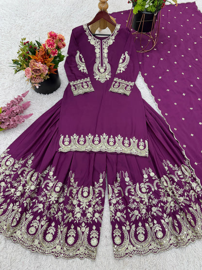 Festive Wear Embroidery Work Purple Color Sharara Suit