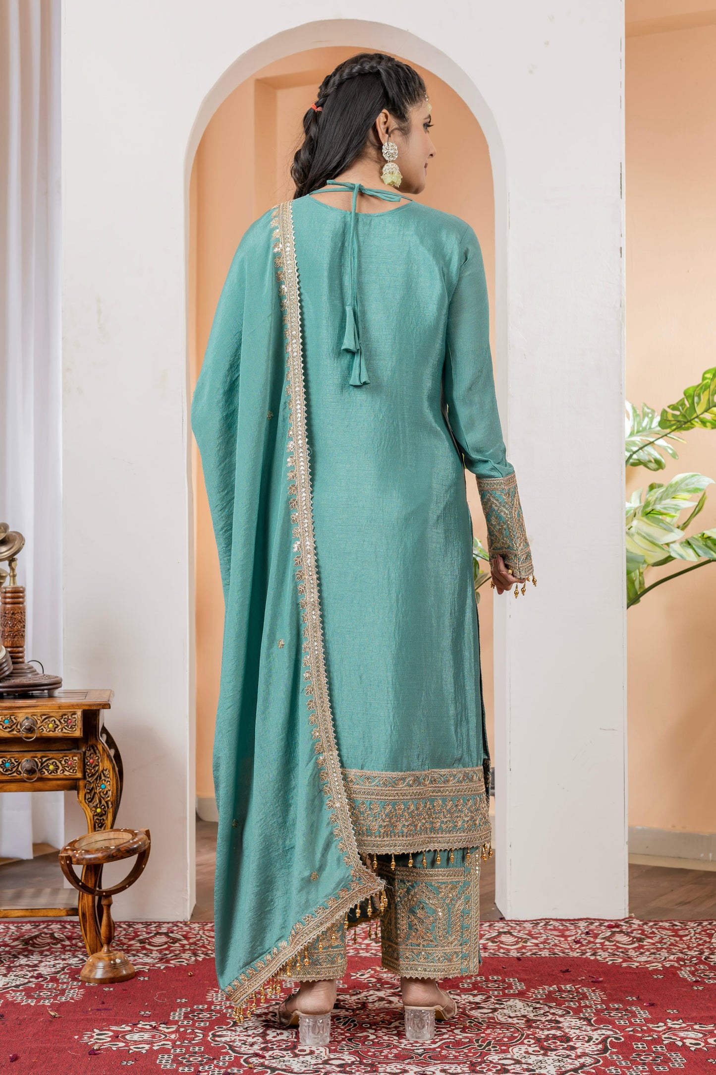 Imposing Chinon Silk Teal Blue Color Top With Plazzo