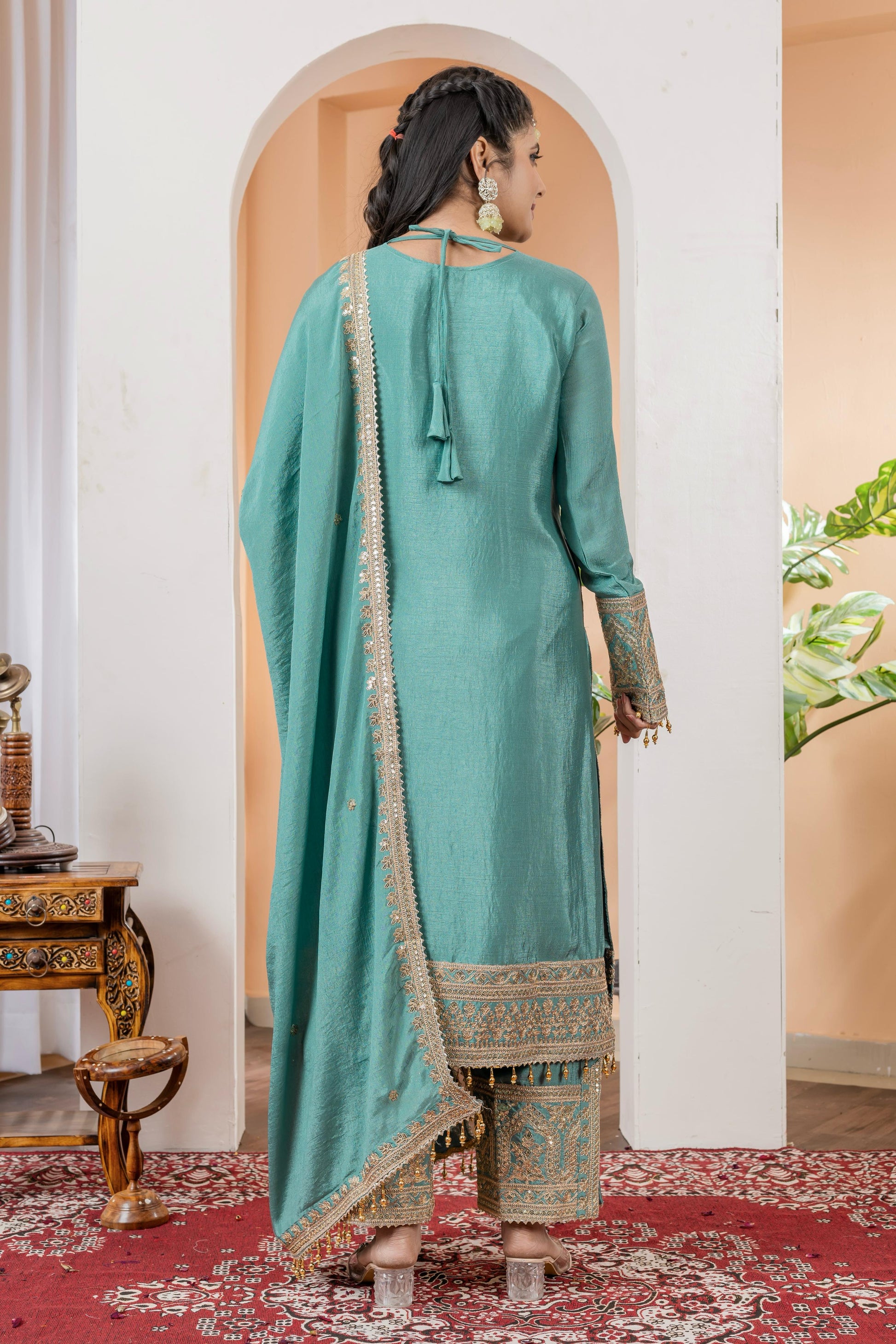 Imposing Chinon Silk Teal Blue Color Top With Plazzo