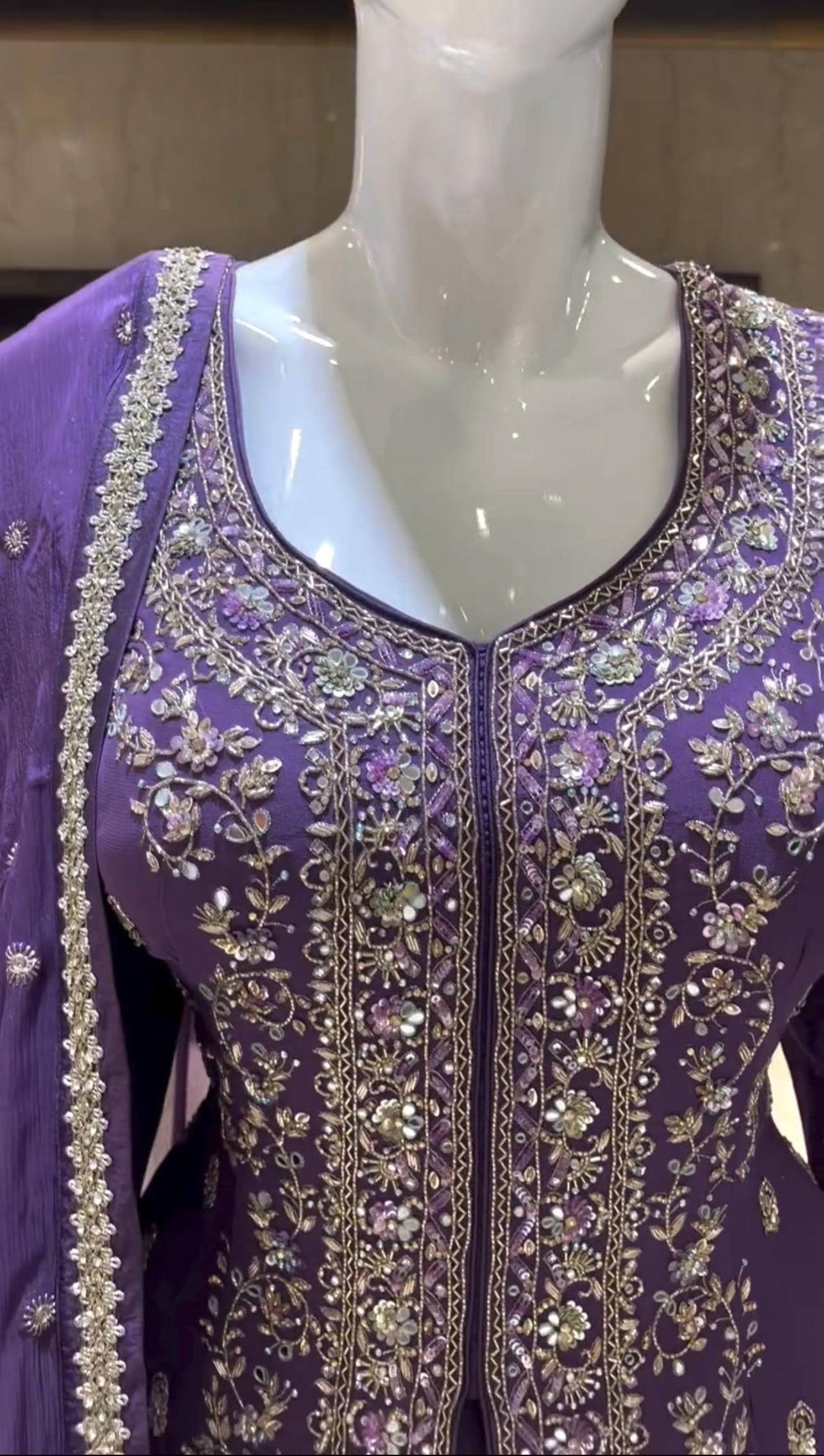 Demanding Purple Color Chinon Silk Sharara Suit
