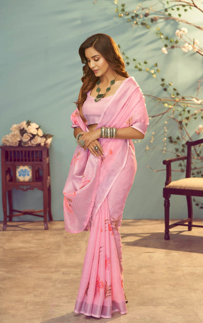 Stylish Baby Pink Color Color Pure Cotton Lilen With Digital Printed Designer Saree