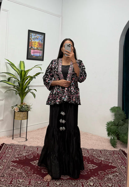 Delightful Chinon Silk Black Color Sharara Suit
