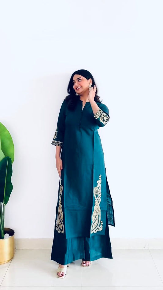 Roman Silk Blue Color Top With Palazzo
