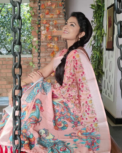 Classic Baby Pink Color Color Pure Cotton Lilen With Digital Printed Designer Saree