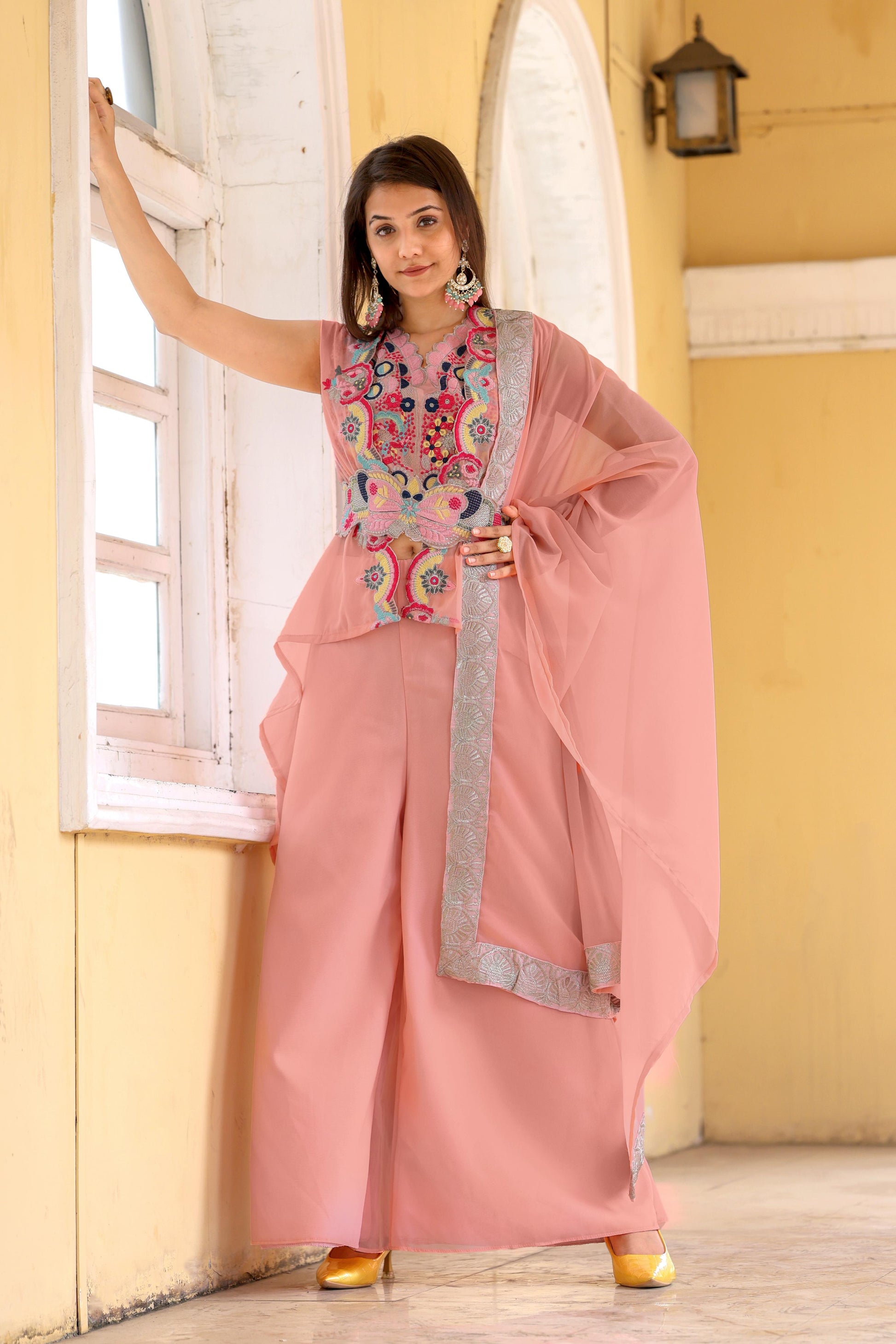 Unique Georgette Pink Color Palazzo Suit With Koti