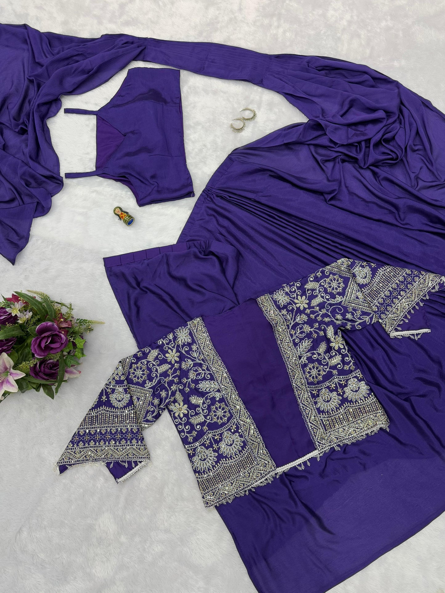 Mesmerizing Purple Color Chinon Silk Ready to Wear Saree