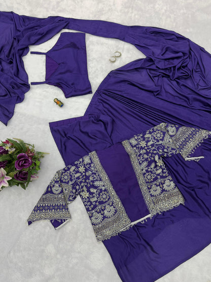 Mesmerizing Purple Color Chinon Silk Ready to Wear Saree