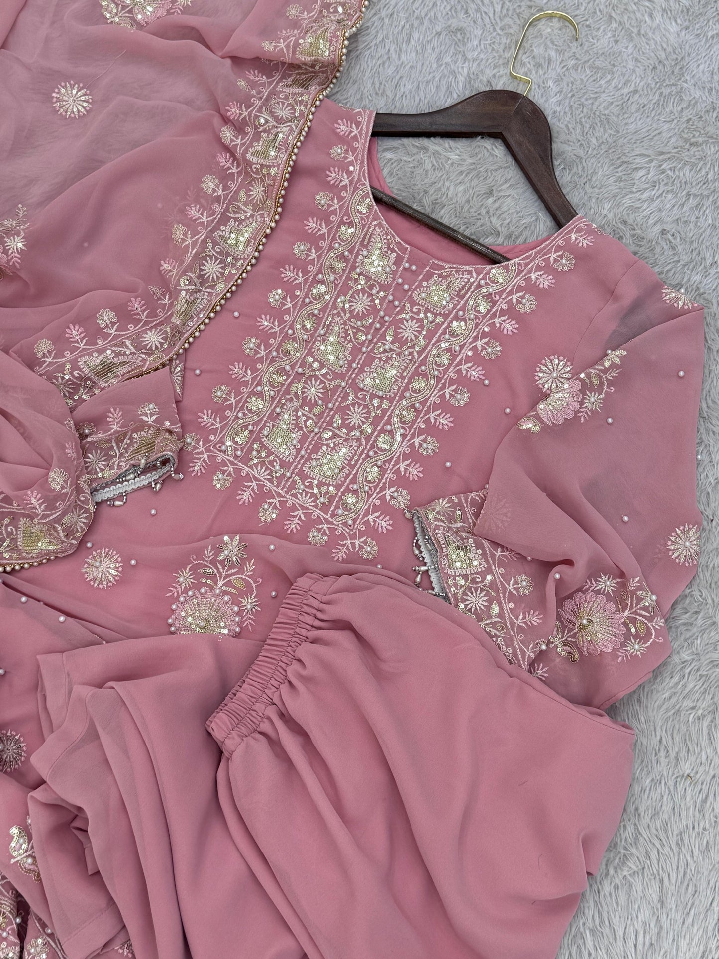 Classic Georgette Sequence Work Pink Color Plazzo Suit