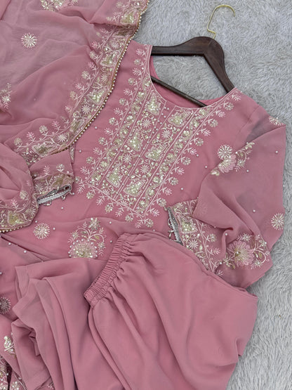 Classic Georgette Sequence Work Pink Color Plazzo Suit