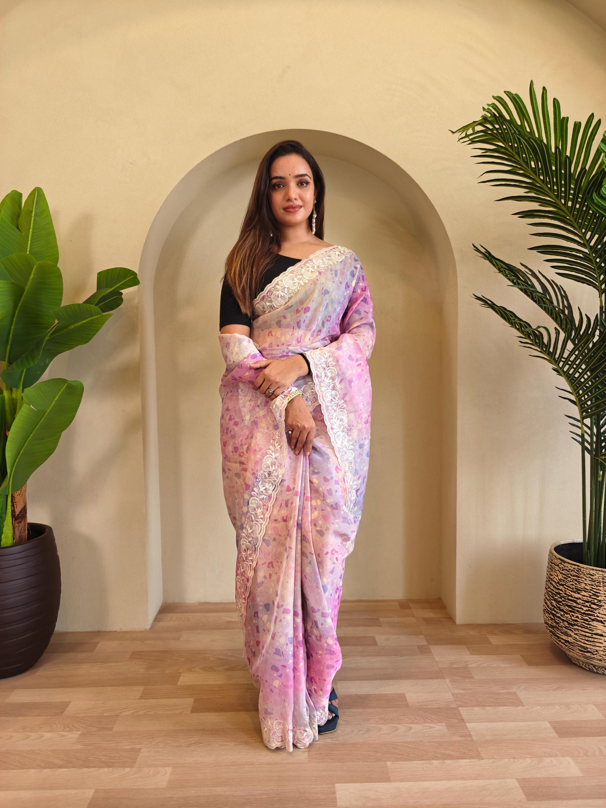 Casual Wear Light Pink Color Digital Print Organza Saree