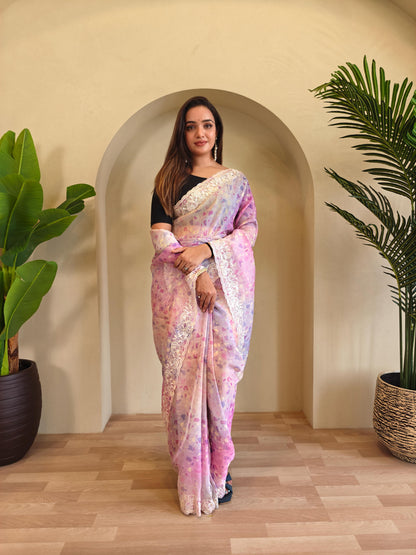 Casual Wear Light Pink Color Digital Print Organza Saree