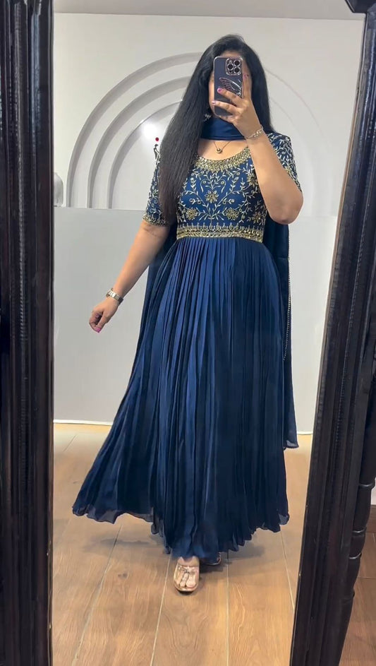 Awesome Real Mirror Work Navy Blue Color Gown
